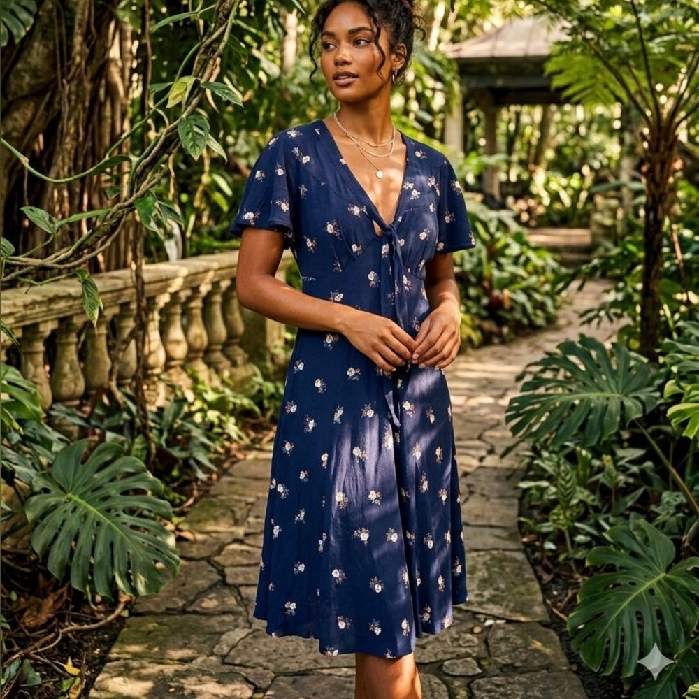New Look Navy Floral Dress with Orange and Cream Print